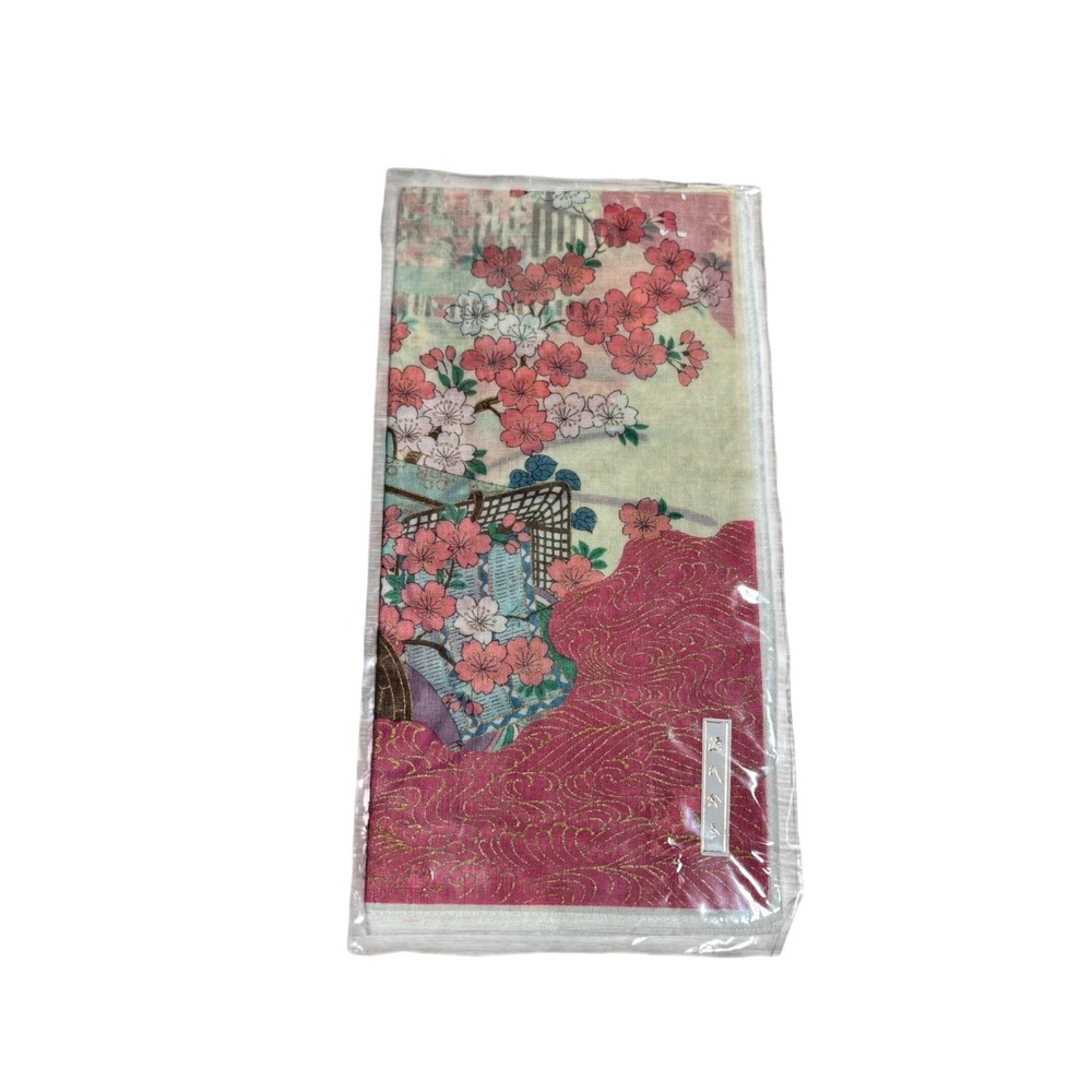 NWT Japanese Cotton Handkerchief Wisteria Cherry Blossom Gold Accents 16x16
